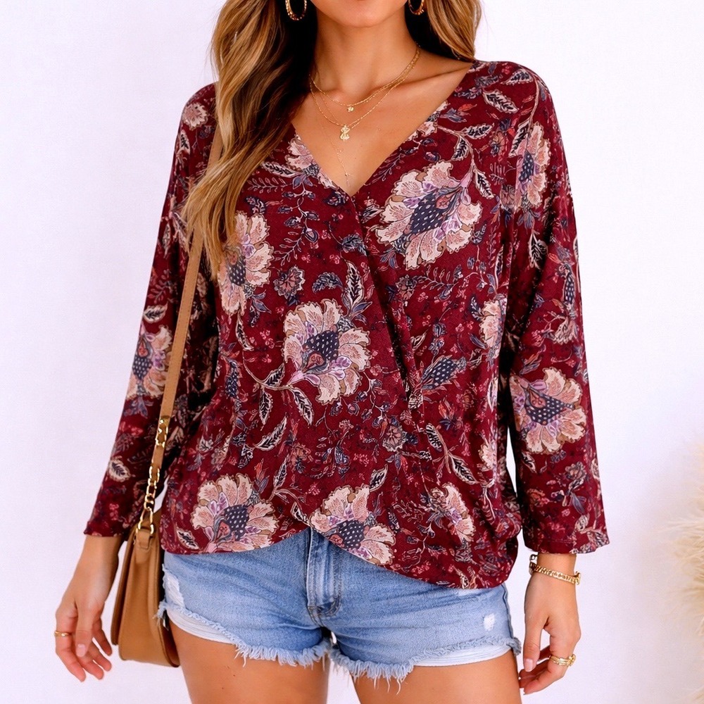 Chenault Boho Floral Wrap Blouse Womens Large Burgundy‎ Cottagecore Romantic Top